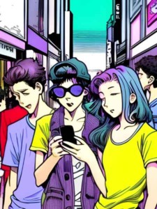 Jugendliche, die auf ein Smartphone schauen im Anime Stil